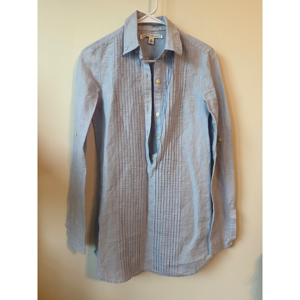 Banana Republic Blue Linen Blend Pleated Bib Tuxedo Tunic Shirt Womens XS